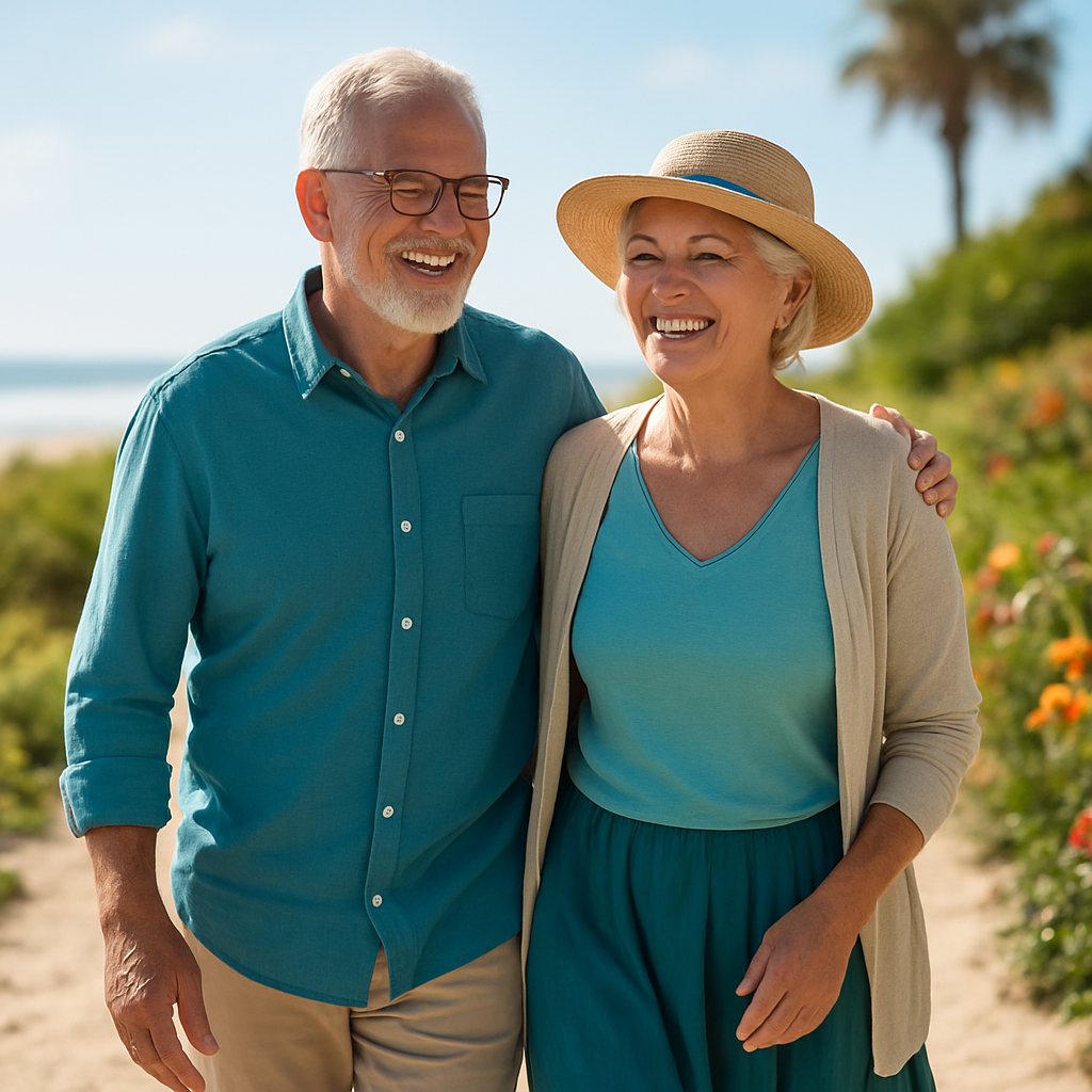 Relaxed mature couple enjoying retirement on a sunny walk