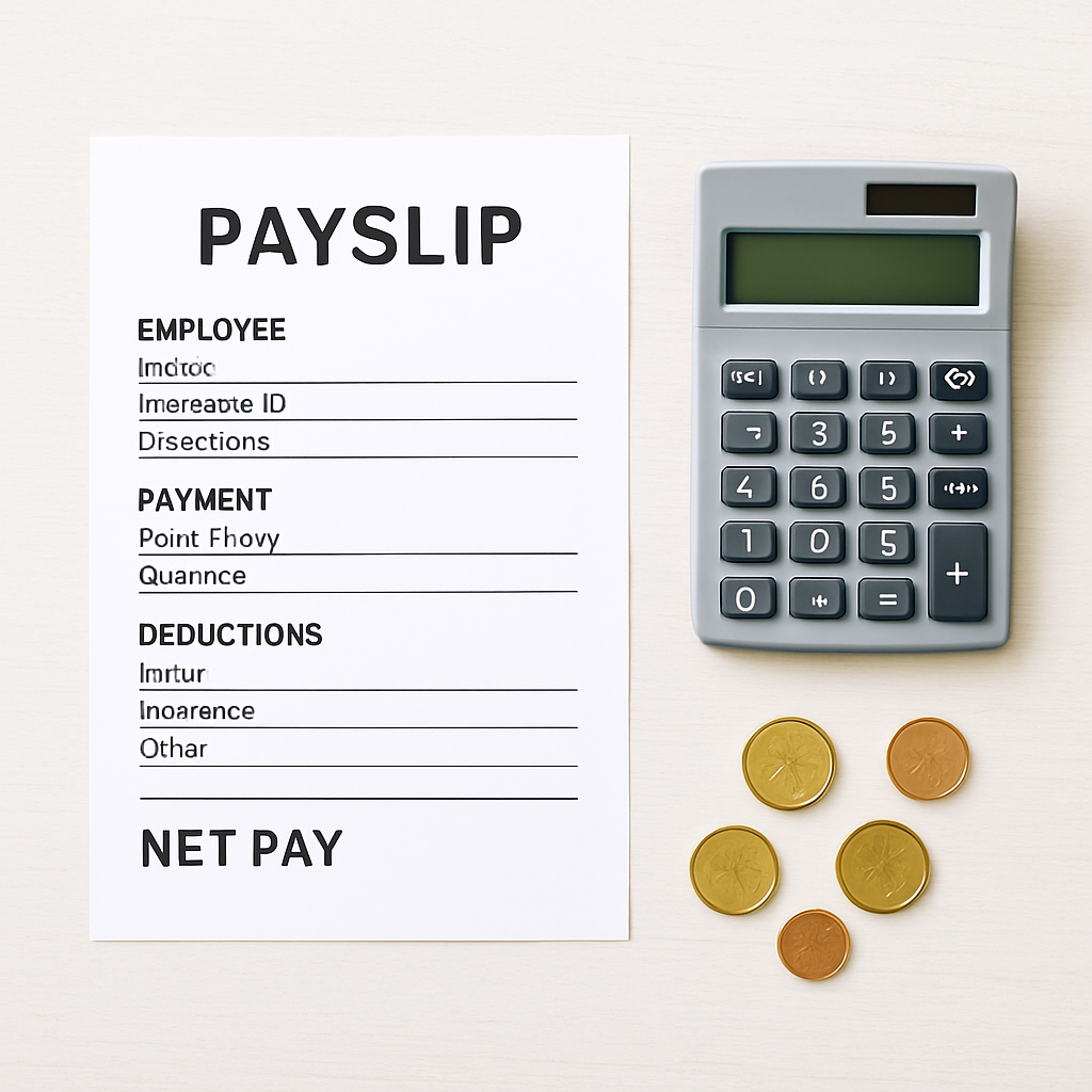 Payslip, calculator and coins on a desk