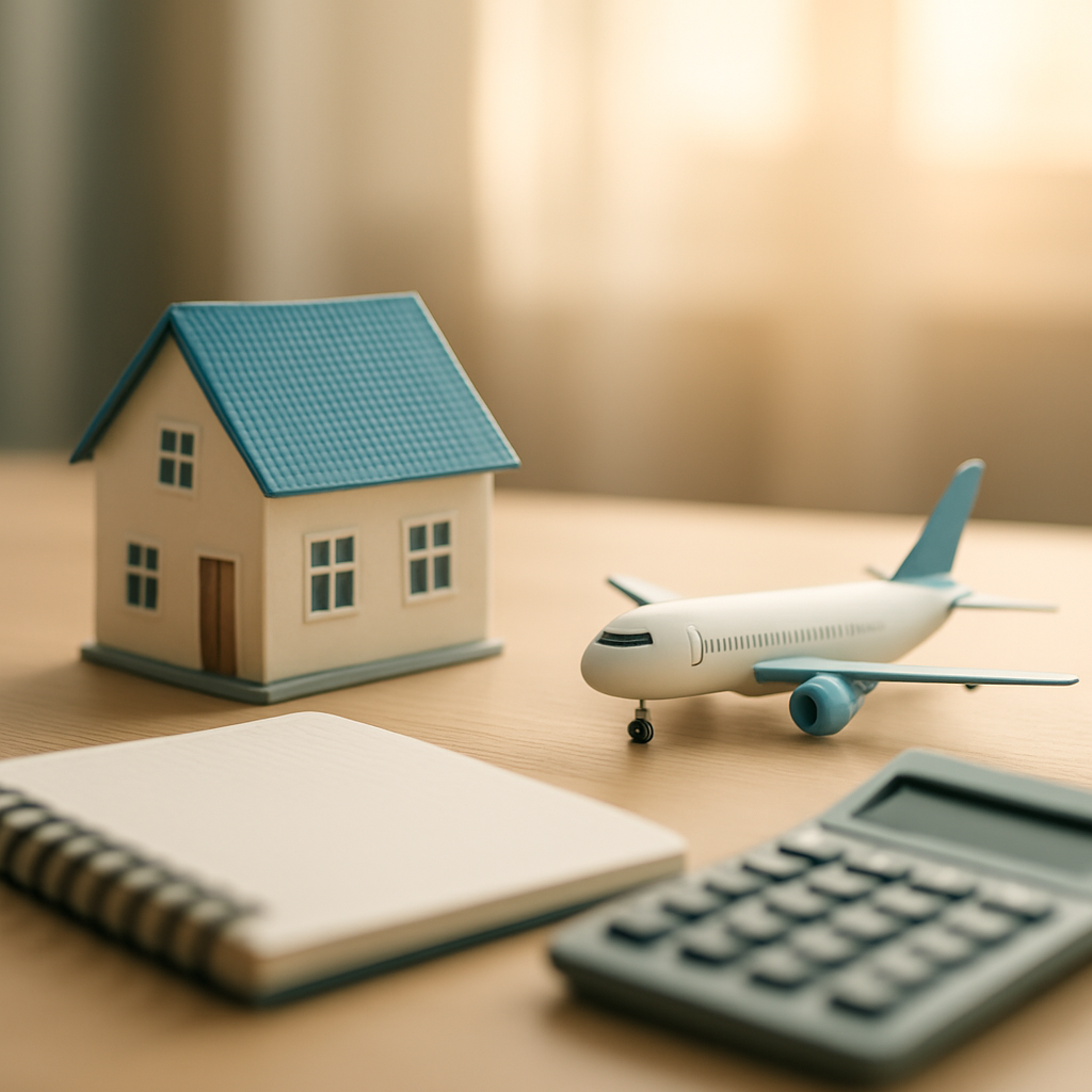 Model house and toy aeroplane on a desk symbolising saving for a home deposit and travel