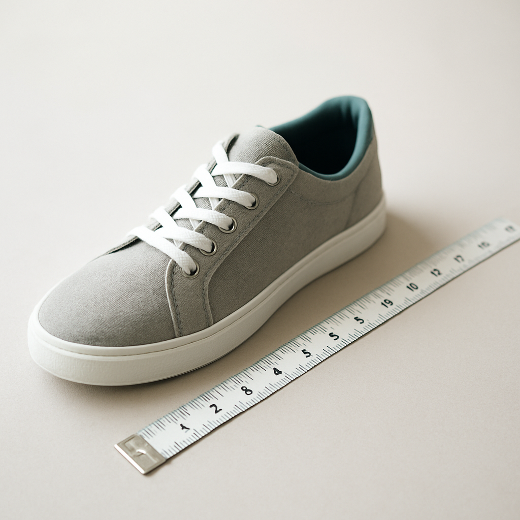 Pair of casual sneakers beside a measuring tape